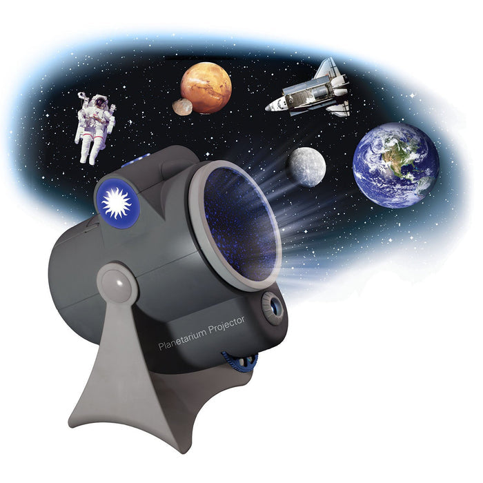 The Smithsonian Planetarium Projector by Smithsonian lets stargazers enjoy an immersive astronomy experience, projecting images of an astronaut, planets, a space shuttle, the Moon, and Earth onto a star-filled background.
