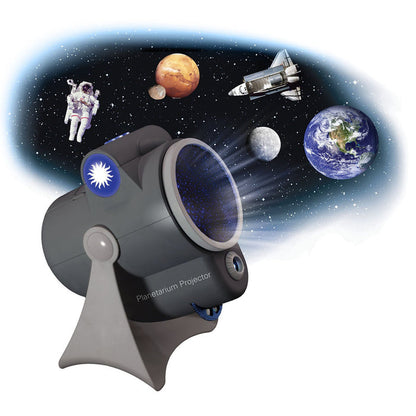 The Smithsonian Planetarium Projector by Smithsonian lets stargazers enjoy an immersive astronomy experience, projecting images of an astronaut, planets, a space shuttle, the Moon, and Earth onto a star-filled background.