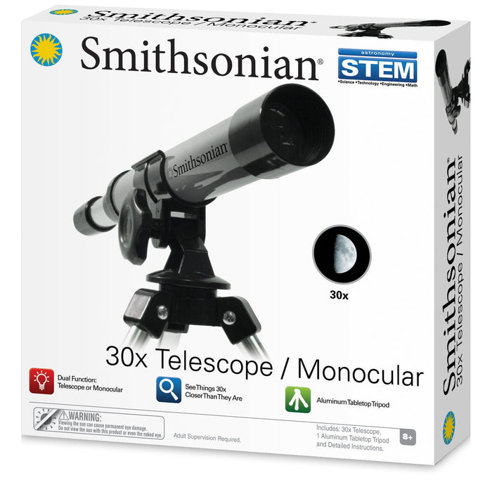 The Smithsonian Telescope / Monocular box shows the black telescope on a tripod and highlights its STEM learning focus, dual function as telescope and monocular, and suitability for beginner astronomers ages 8+.