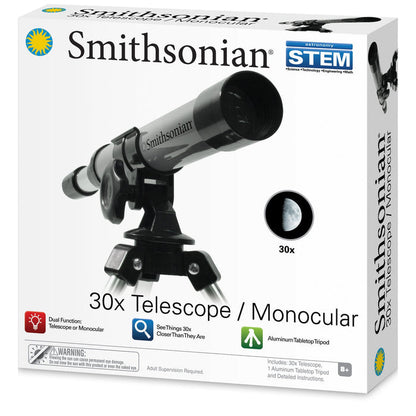 The Smithsonian Telescope / Monocular box shows the black telescope on a tripod and highlights its STEM learning focus, dual function as telescope and monocular, and suitability for beginner astronomers ages 8+.