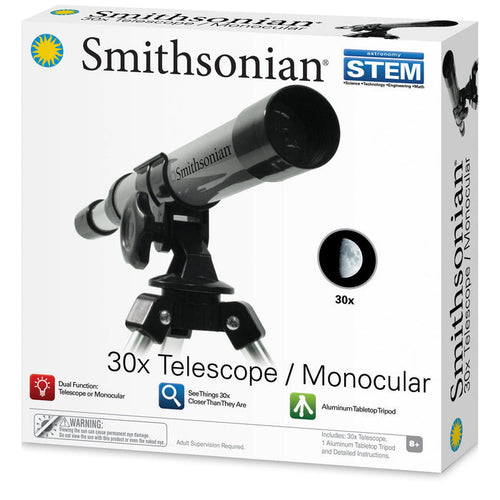 The Smithsonian Telescope / Monocular box shows the black telescope on a tripod and highlights its STEM learning focus, dual function as telescope and monocular, and suitability for beginner astronomers ages 8+.