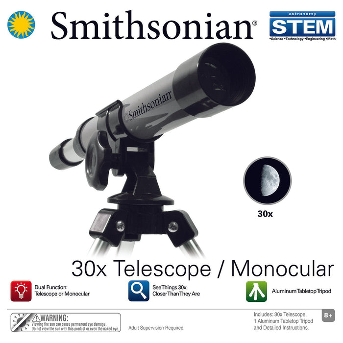 The Smithsonian Telescope / Monocular by Smithsonian is shown on a tripod, ideal for beginner astronomy with 30x zoom and a moon close-up. Packaging highlights dual function, STEM learning benefits, and includes safety warnings.