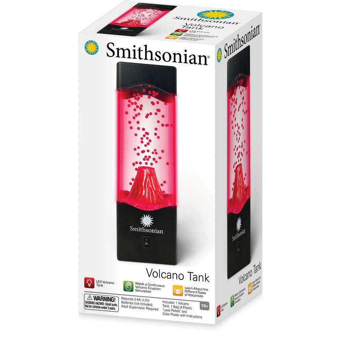 Box for the Smithsonian Volcano Tank by Smithsonian, a science display featuring a volcano centerpiece, rectangular lamp, red liquid with bubbles, LED lights, continuous flow action, and designed for ages 10+. Geology features highlighted on packaging.