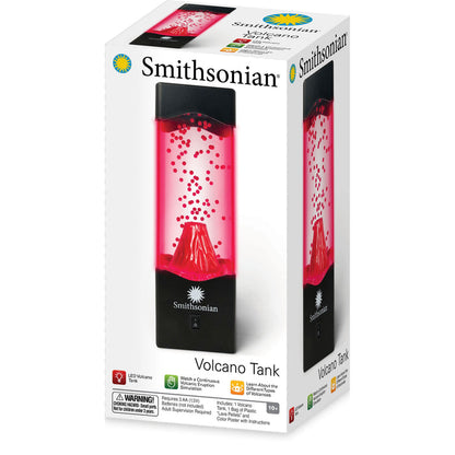 Box for the Smithsonian Volcano Tank by Smithsonian, a science display featuring a volcano centerpiece, rectangular lamp, red liquid with bubbles, LED lights, continuous flow action, and designed for ages 10+. Geology features highlighted on packaging.