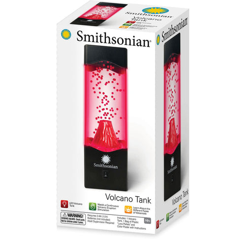 Box for the Smithsonian Volcano Tank by Smithsonian, a science display featuring a volcano centerpiece, rectangular lamp, red liquid with bubbles, LED lights, continuous flow action, and designed for ages 10+. Geology features highlighted on packaging.