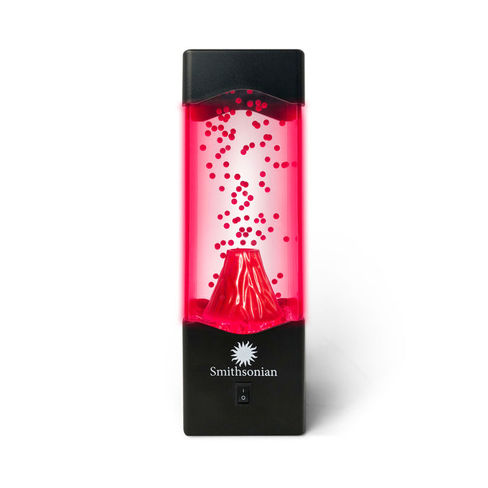 The Smithsonian Volcano Tank features a rectangular black design with clear front, red lighting, and red beads rising from a volcano base. The Smithsonian name and sunburst logo appear on the bottom front, ideal for geology or science displays.