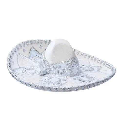 A traditional Mexican Charro sombrero with white and blue floral embroidery and a white band.