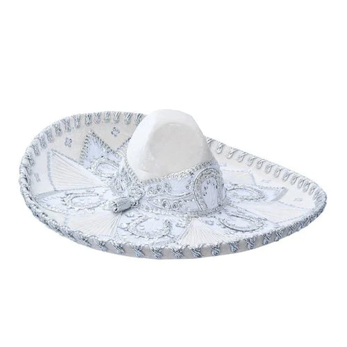 A traditional Mexican Charro sombrero with white and blue floral embroidery and a white band.