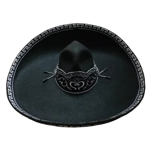 A traditional black sombrero with a decorative white diamond pattern and a black ribbon around the crown.