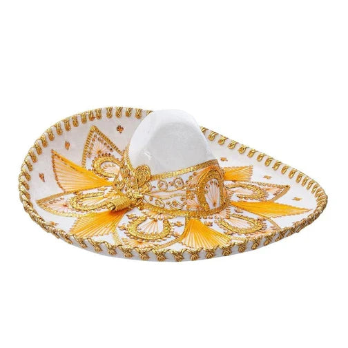 A traditional Mexican Charro sombrero with a white copa, decorated with golden and multicolored (red, green, yellow) floral embroidery and a wide brim.