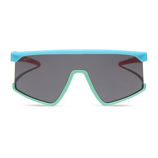 diff sport featuring the spike shield sunglasses with a aqua + blue green + coral frame and grey polarized lenses front view