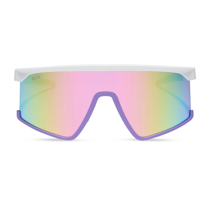 diff sport featuring the spike shield sunglasses with a matte white + lavender frame and sherbert rainbow mirror polarized lenses front view
