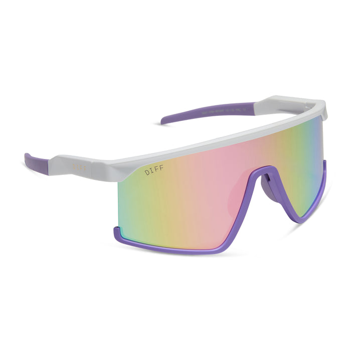 diff sport featuring the spike shield sunglasses with a matte white + lavender frame and sherbert rainbow mirror polarized lenses angled view
