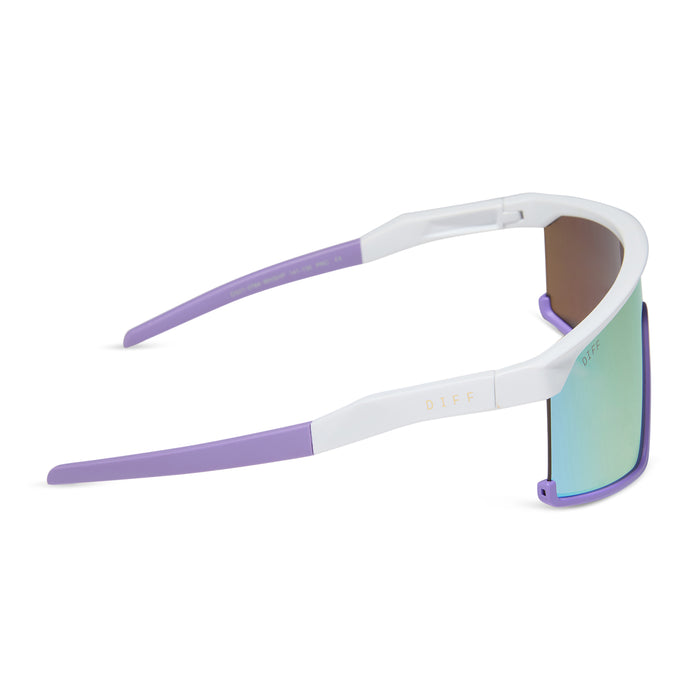 diff sport featuring the spike shield sunglasses with a matte white + lavender frame and sherbert rainbow mirror polarized lenses side view