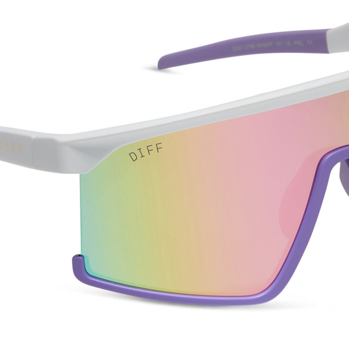diff sport featuring the spike shield sunglasses with a matte white + lavender frame and sherbert rainbow mirror polarized lenses detailed view