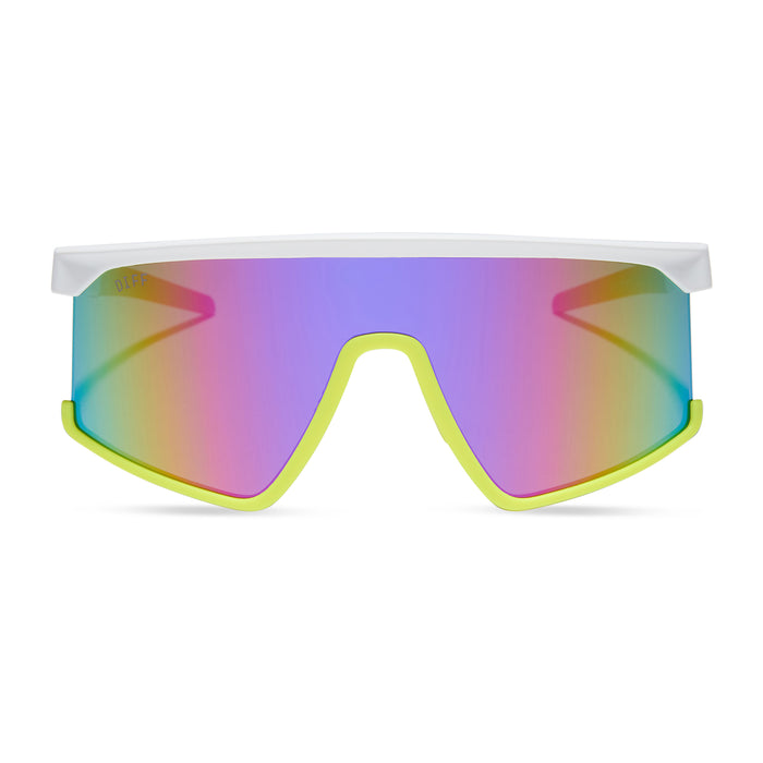 diff sport featuring the spike shield sunglasses with a matte white + neon yellow + hot pink frame and pink rush mirror polarized lenses front view