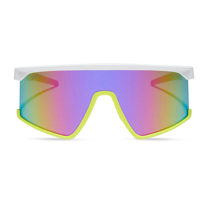 diff sport featuring the spike shield sunglasses with a matte white + neon yellow + hot pink frame and pink rush mirror polarized lenses front view