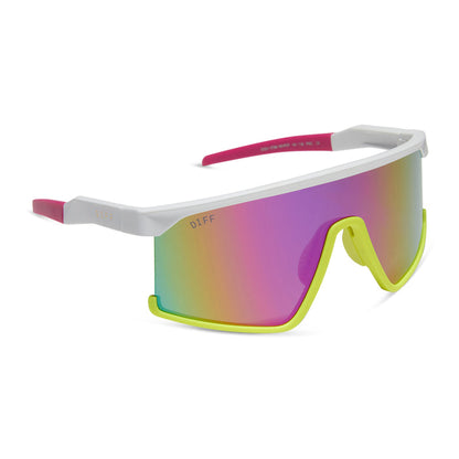 diff sport featuring the spike shield sunglasses with a matte white + neon yellow + hot pink frame and pink rush mirror polarized lenses angled view