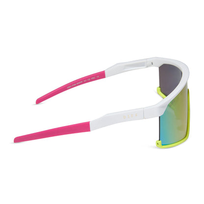 diff sport featuring the spike shield sunglasses with a matte white + neon yellow + hot pink frame and pink rush mirror polarized lenses side view