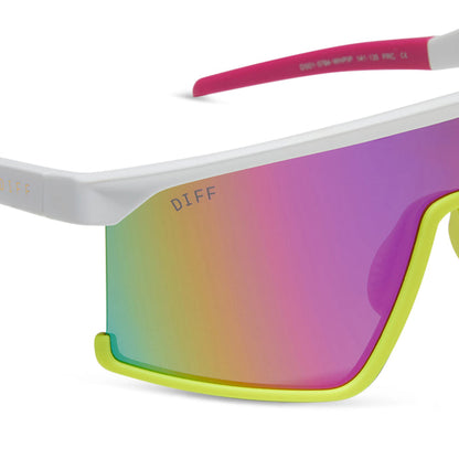diff sport featuring the spike shield sunglasses with a matte white + neon yellow + hot pink frame and pink rush mirror polarized lenses detailed view