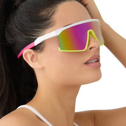on model - female wearing diff sport featuring the spike shield sunglasses with a matte white + neon yellow + hot pink frame and pink rush mirror polarized lenses side view