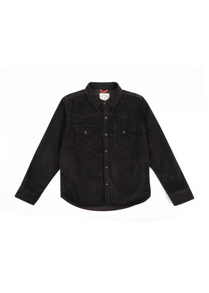 Black corduroy shirt with button-up front and two chest pockets, laid flat on a white background, showcasing casual style.