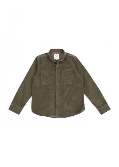 Olive green corduroy shirt with button front, two chest pockets, and a collar, displayed flat on a white background.