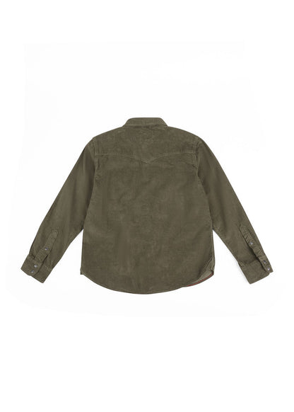 Olive green corduroy shirt viewed from the back, featuring long sleeves and buttoned cuffs on a plain white background.
