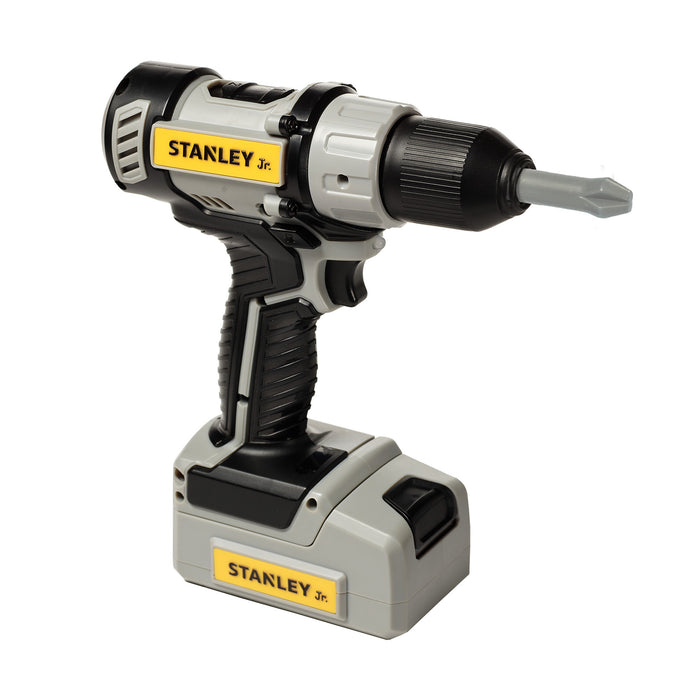 The Stanley Jr. Power Drill by Red Toolbox is a gray and black battery-operated tool for kids, featuring a chunky handle and detachable bit—realistically designed for imaginative construction play.