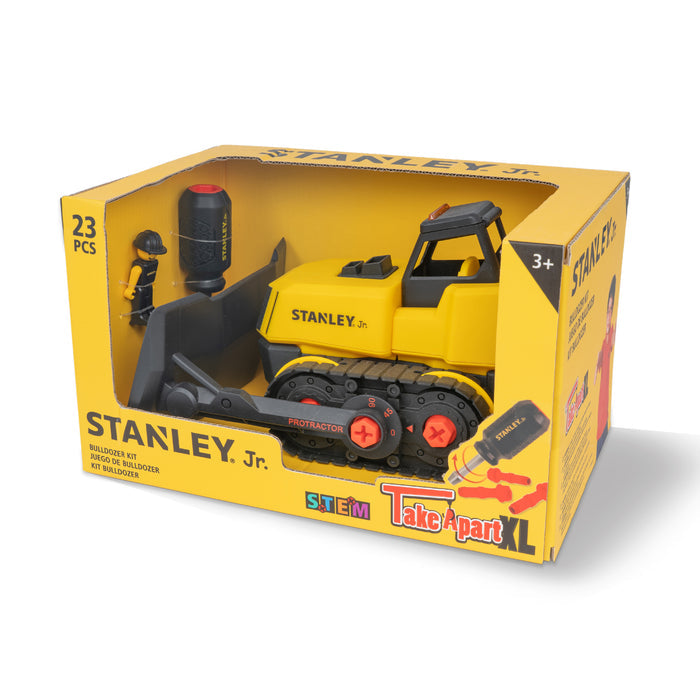 The Red Toolbox Stanley Jr. Take Apart XL Bulldozer is a 23-piece construction toy set for ages 3+, packaged in a yellow box with window and includes a toy screwdriver.