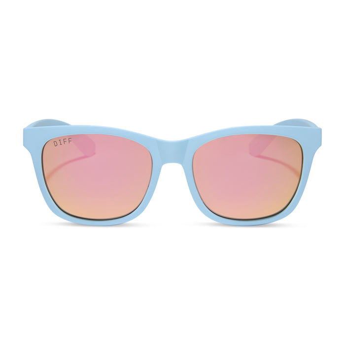 diff sport featuring the storm square sunglasses with a matte baby blue frame and sherbert rainbow mirror polarized lenses front view