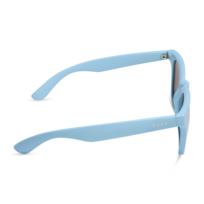 diff sport featuring the storm square sunglasses with a matte baby blue frame and sherbert rainbow mirror polarized lenses side view