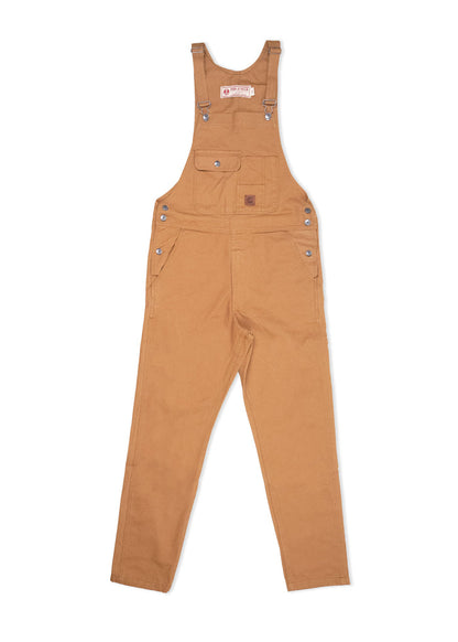 Brown canvas overalls with adjustable straps and multiple pockets, laid flat on a white background, showcasing rugged design.