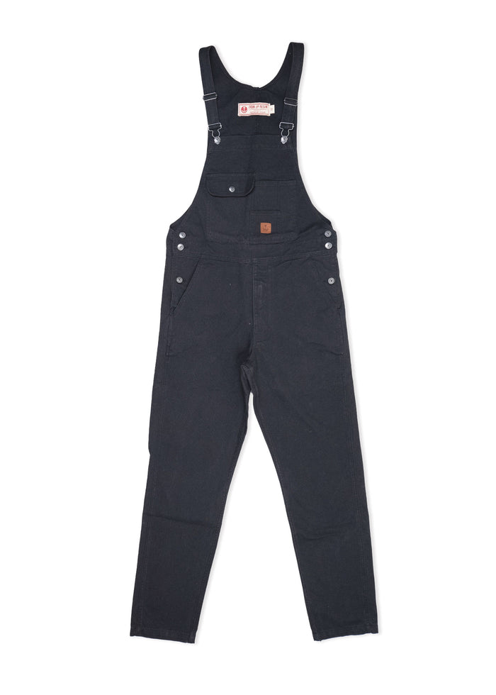 Black denim overalls with adjustable straps and front pocket, laid flat on a white background, showcasing casual style.