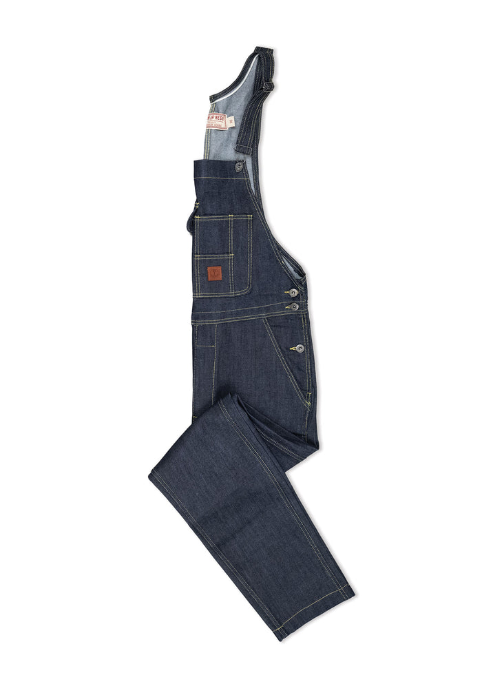 Dark denim overalls with yellow stitching, featuring multiple pockets and adjustable straps, laid flat on a white background.
