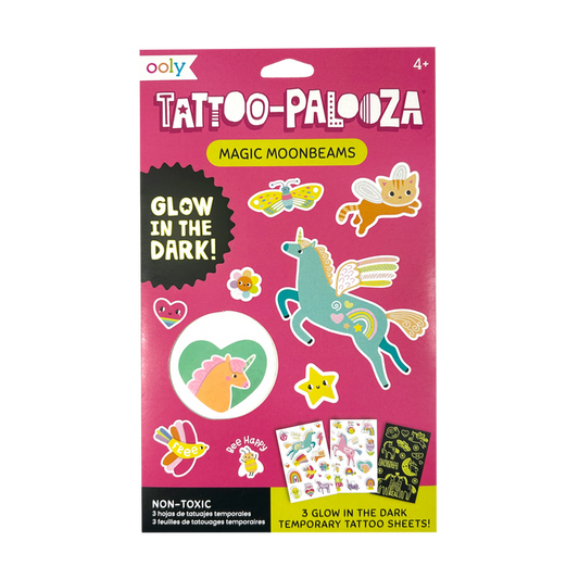 Front packaging of OOLY Tattoo-Palooza Glow in the Dark Temporary Tattoos - Magic Moonbeams