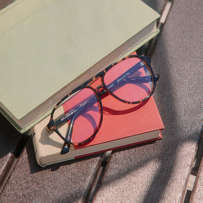 still life - diff eyewear featuring the tatum aviator glasses with a espresso tortoise frame some books