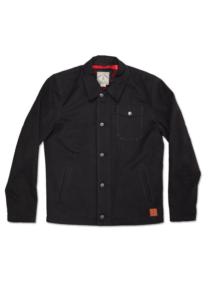 Black button-up jacket with a chest pocket, red lining, and a leather patch. Simple, stylish design for versatile wear.