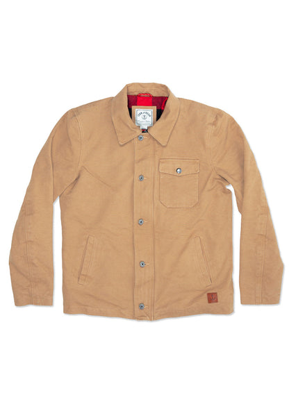 Tan button-up jacket with a collar and chest pocket, featuring a red lining and a small leather patch on the lower front.