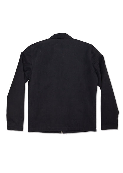 Black long-sleeve jacket shown from the back, featuring a simple design with a collar, suitable for casual or formal wear.