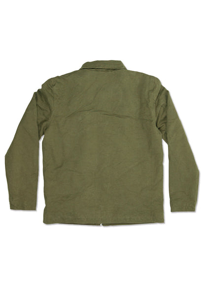 Back view of a long-sleeve, olive green jacket with a collar, laid flat. The fabric appears sturdy and casual.