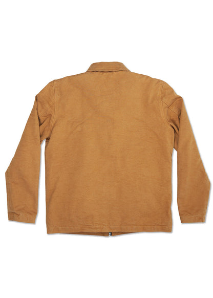 Brown jacket shown from the back, featuring long sleeves and a collar, made of sturdy fabric, laid flat against a white background.