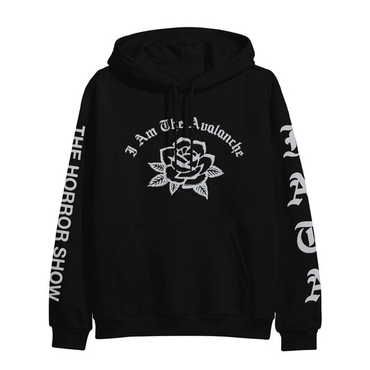 Black printed hoodie by I Am The Avalanche with white text and graphics. A rose and the band name appear on the chest, while bold custom lettering runs down each sleeve for a striking look.