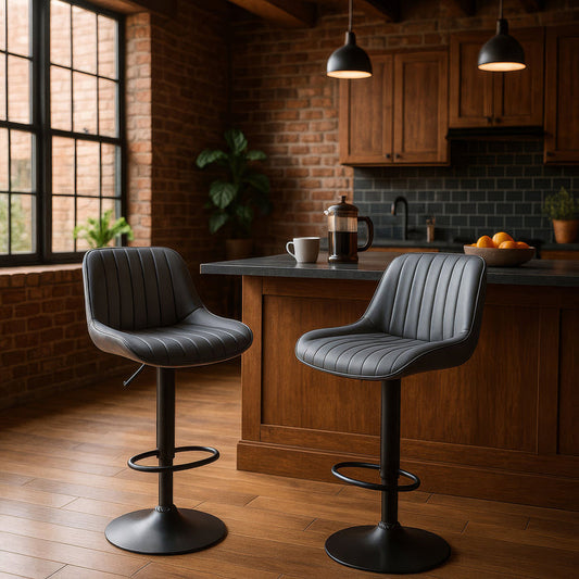Two Frank Bar Stools Gas Lift Black Metal Grey PU by Urban Style