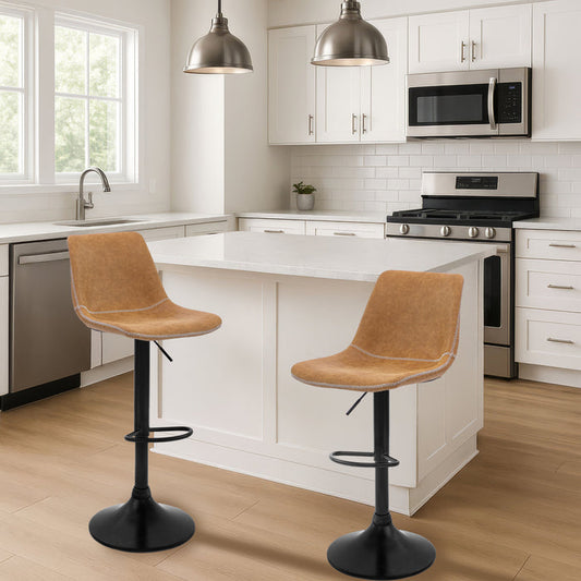 Two Gary Bar Stools Gas Lift Black Metal Tan PU by Urban Style