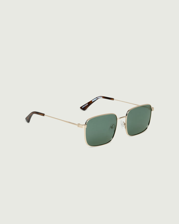 White Gold Polarized::Vito Sunglasses rectangle gold metal front diagonal
