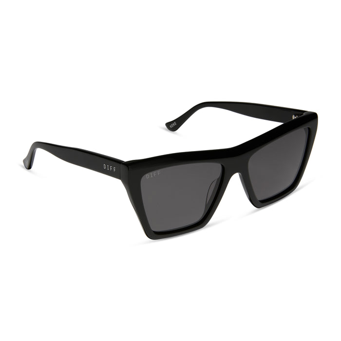 jessie james decker x diff eyewear featuring the vivi cateye sunglasses with a black frame and grey lenses angled view