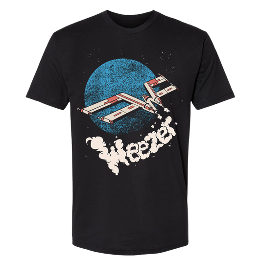 Black cotton voyage ship tee featuring a white and red x-wing fighter flying past a blue planet with wheeler lettering
