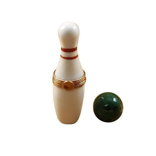 White Bowling Pin w Green Removable Bowling Ball Porcelain Limoges sports French Trinket Box