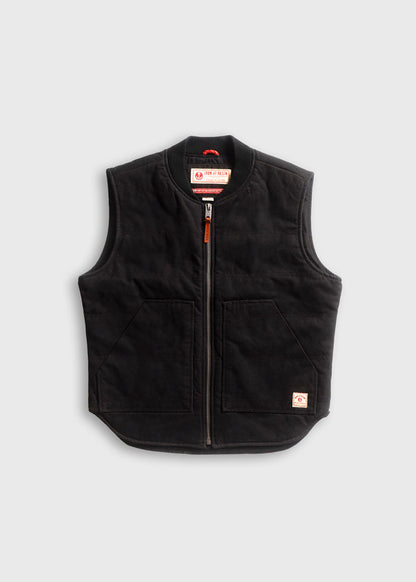Black Iron & Resin vest with front zipper, two pockets, and logo tag, displayed on a light gray background.